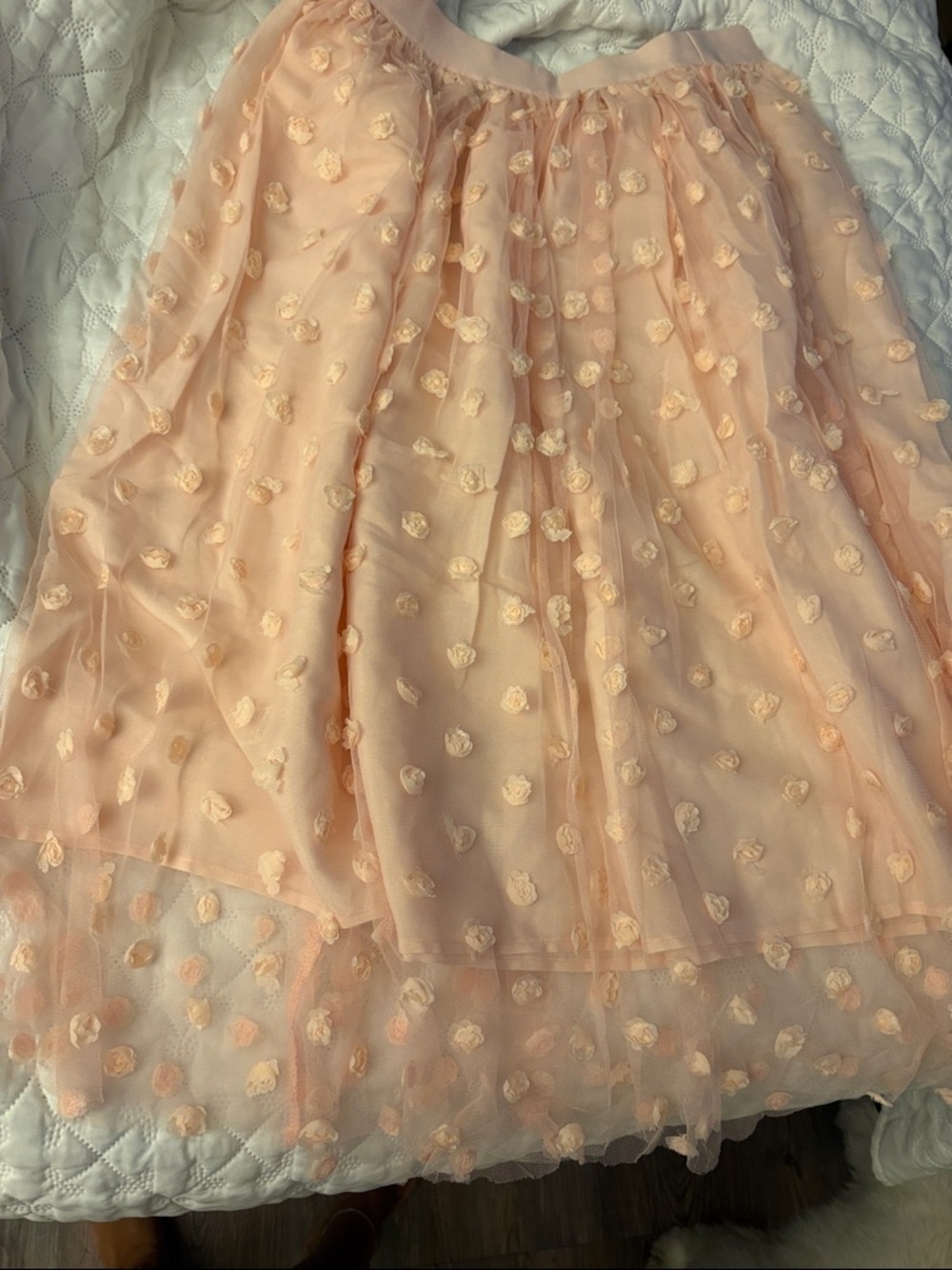 Peach Floral Appliqué Tulle Midi Skirt